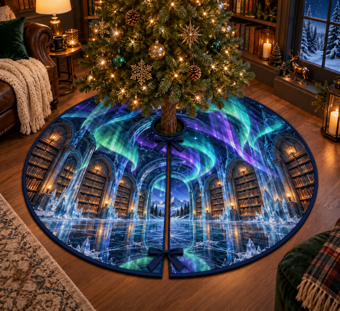 Reading Nook Holiday Tree Skirt — Compact Northern Lights Print For Cozy Corners, Soft Fabric, Easy Fit & Care