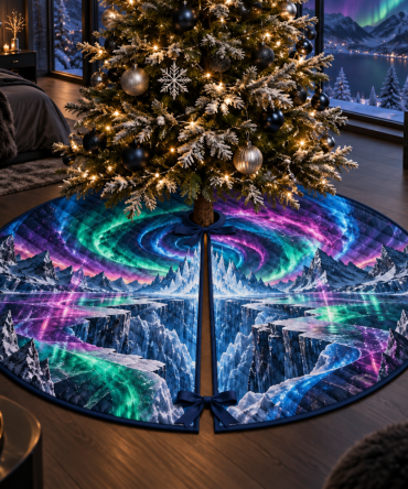 Bedroom Statement Holiday Tree Skirt — Subtle Northern Lights Design For Cozy Bedrooms, Soft Texture, Machine-Washable