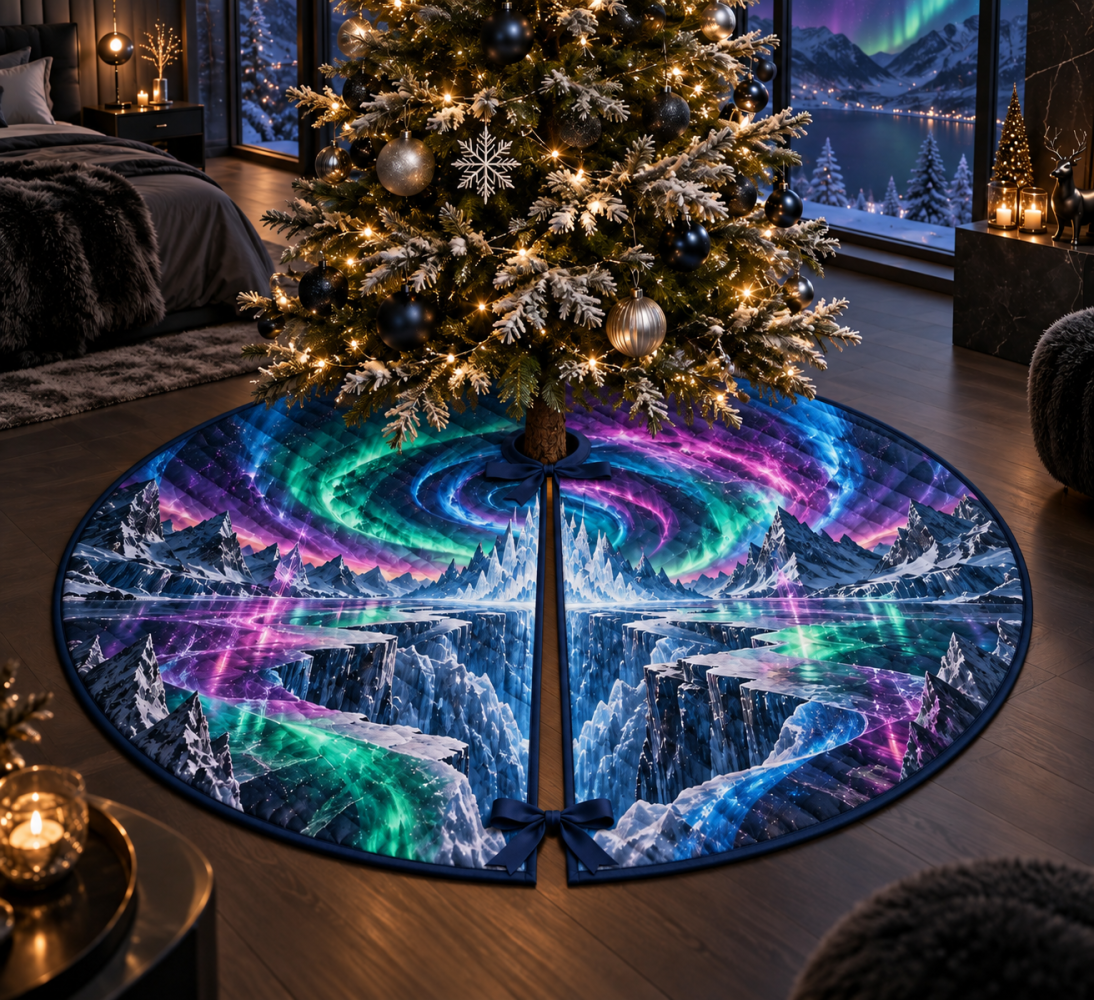 Bedroom Statement Holiday Tree Skirt — Subtle Northern Lights Design For Cozy Bedrooms, Soft Texture, Machine-Washable