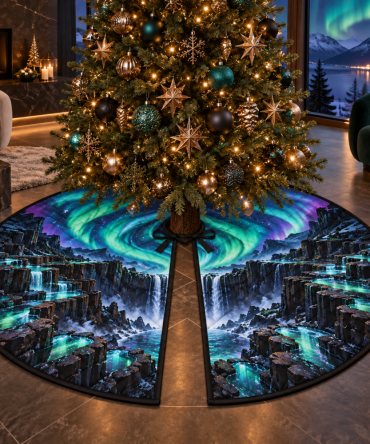 Showstopper Living Room Holiday Tree Skirt — Northern Lights Focal Piece, Luxury Soft Fabric, Washable & Photo-Ready