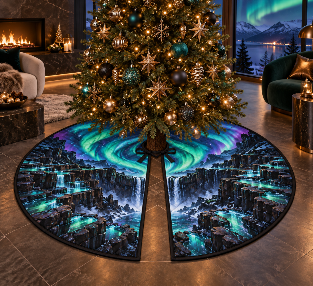 Showstopper Living Room Holiday Tree Skirt — Northern Lights Focal Piece, Luxury Soft Fabric, Washable & Photo-Ready