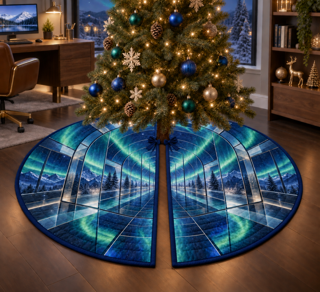 Aurora-Inspired Holiday Tree Skirt — Vibrant Northern Lights Print For Home Office, Soft Washable, Gift-Ready Accent
