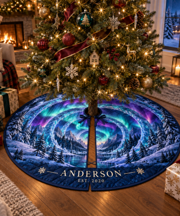 Northern Lights Housewarming Christmas Tree Skirt — Housewarming Gift Aurora Tree Skirt, Handmade & Customizable For New Homes