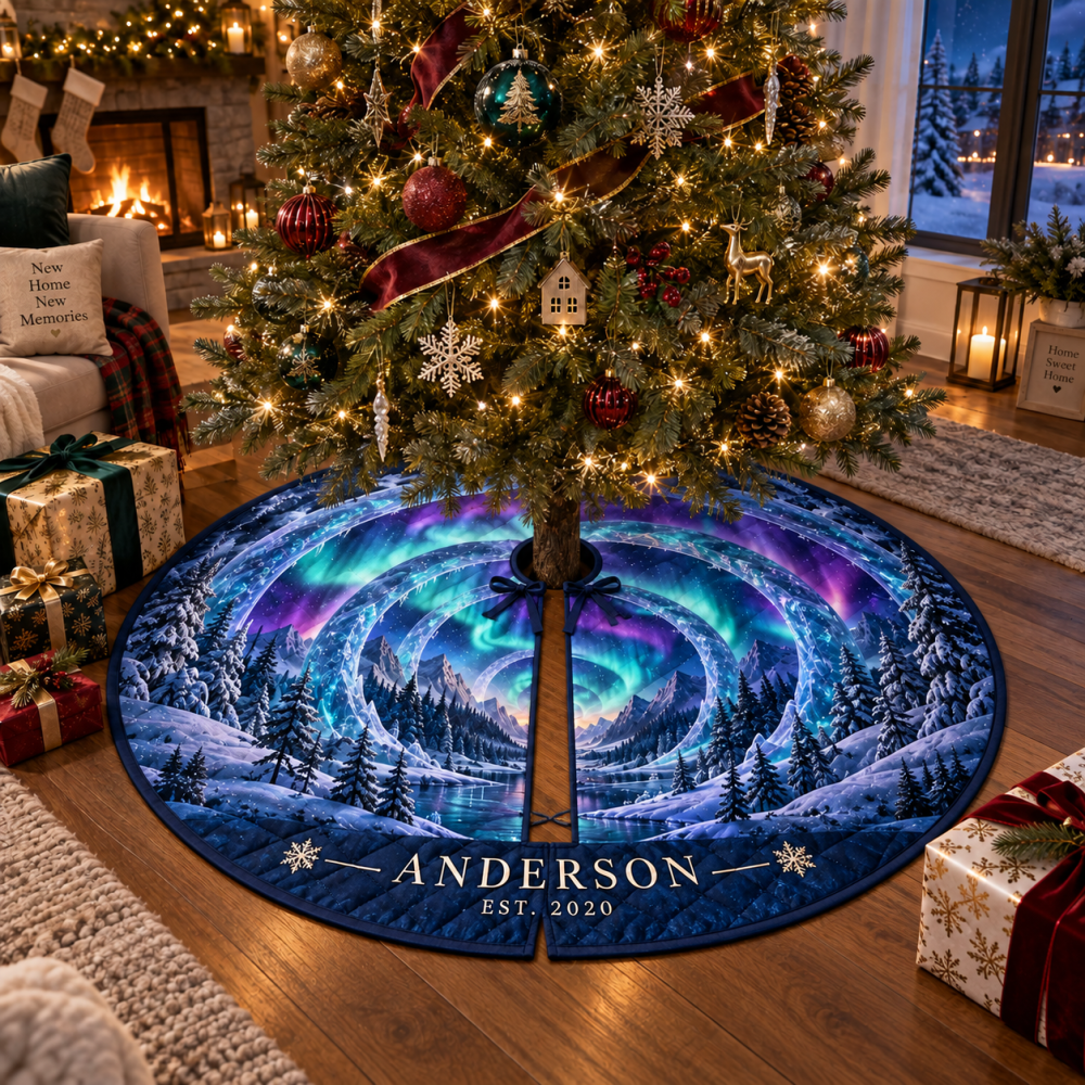 Northern Lights Housewarming Christmas Tree Skirt — Housewarming Gift Aurora Tree Skirt, Handmade & Customizable For New Homes