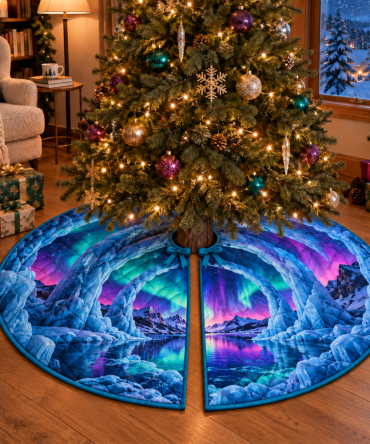 Northern Lights Quiet Corner Christmas Tree Skirt — Tranquil Aurora-Inspired Handmade Skirt, Custom Sizes For Cozy Spaces