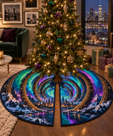 Northern Lights Apartment Gallery Christmas Tree Skirt — Compact Aurora-Inspired Tree Skirt, Custom Colors For Small Spaces