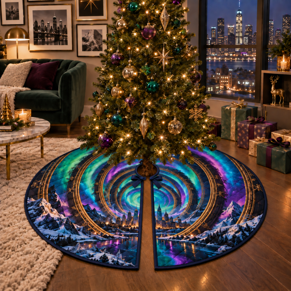 Northern Lights Apartment Gallery Christmas Tree Skirt — Compact Aurora-Inspired Tree Skirt, Custom Colors For Small Spaces