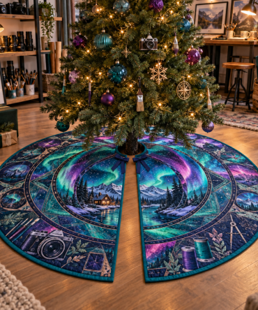 Northern Lights Hobby Studio Christmas Tree Skirt — Artisan Handmade Aurora-Inspired Tree Skirt, Custom Size & Color Choices