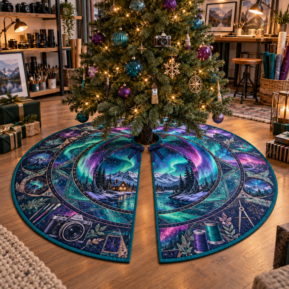 Northern Lights Hobby Studio Christmas Tree Skirt — Artisan Handmade Aurora-Inspired Tree Skirt, Custom Size & Color Choices