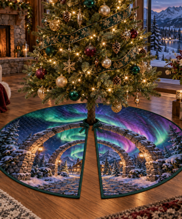 Northern Lights Thank-You Host Tree Skirt — Vibrant Aurora-Inspired Holiday Skirt, Perfect Host Gift, Premium Fabric, Custom Fit Options