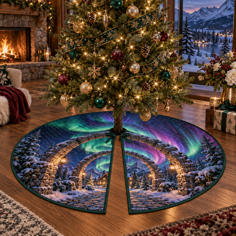 Northern Lights Thank-You Host Tree Skirt — Vibrant Aurora-Inspired Holiday Skirt, Perfect Host Gift, Premium Fabric, Custom Fit Options