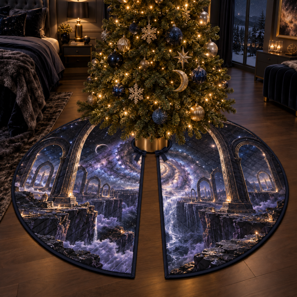 Bedroom Milky Way Arch Tree Skirt — Soft Velvet Nighttime Holiday Skirt, Subtle Design For Intimate Spaces, 48" Fit, Easy Care