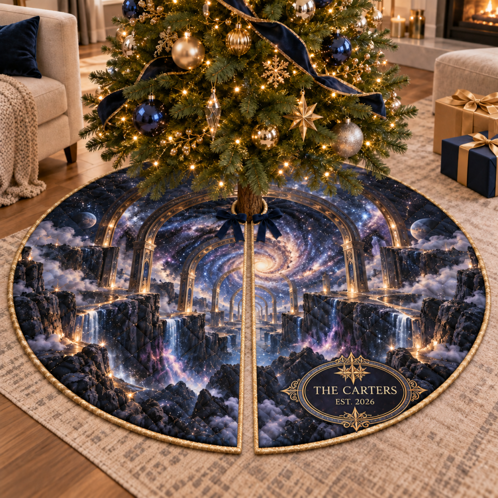 Housewarming Milky Way Arch Tree Skirt — Welcome-Style Velvet Holiday Skirt, Thoughtful Gift For New Homes, 48" Fit, Easy Care