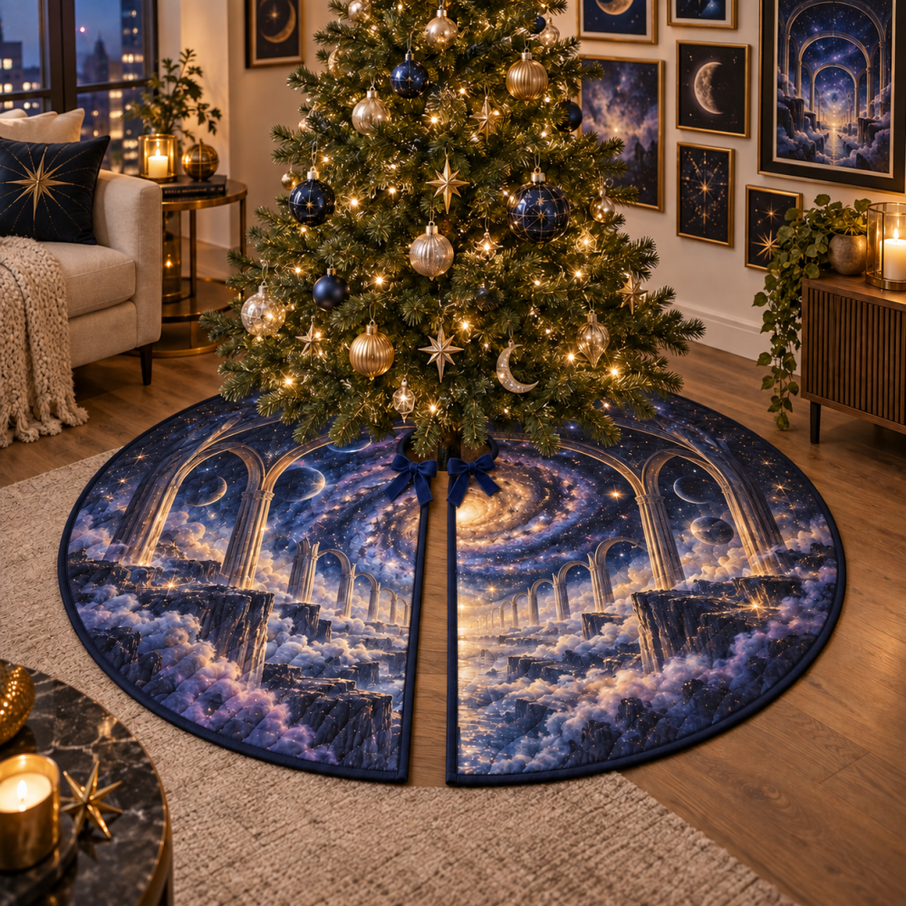 Contemporary Milky Way Arch Tree Skirt For Apartment Gallery — Slim-Fit Velvet Holiday Skirt, Compact & Stylish, Machine-Care Friendly