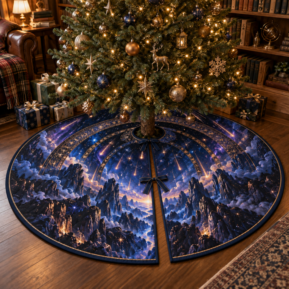 Meteor Shower Reading Nook Tree Skirt - Cozy Holiday Accent With Starry Meteor Motif For Book Corners & Quiet Spaces