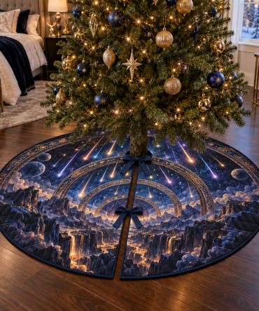Meteor Shower Bedroom Tree Skirt - Statement Holiday Bedding Accent With Dreamy Starfall Design To Elevate Decor