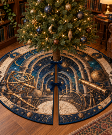 Reading Nook Celestial Tree Skirt - Astronomical Instruments Holiday Accent With Warm Library Star Map Print