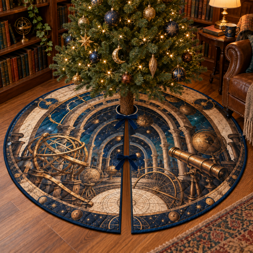 Reading Nook Celestial Tree Skirt - Astronomical Instruments Holiday Accent With Warm Library Star Map Print