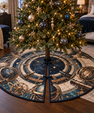 Astronomical Instruments Tree Skirt For Bedroom - Cozy Celestial Holiday Rug With Vintage Telescope & Star Chart Accent
