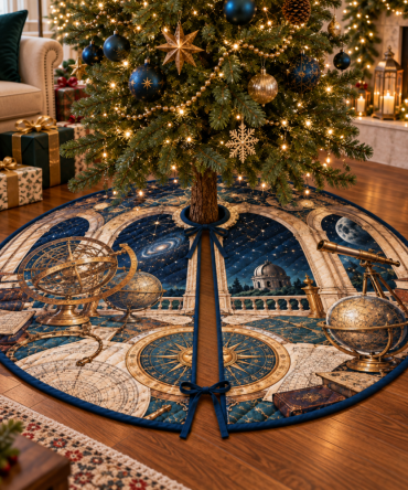 Celestial Astronomical Instruments Christmas Tree Skirt - Luxe Living Room Holiday Centerpiece With Observatory Style