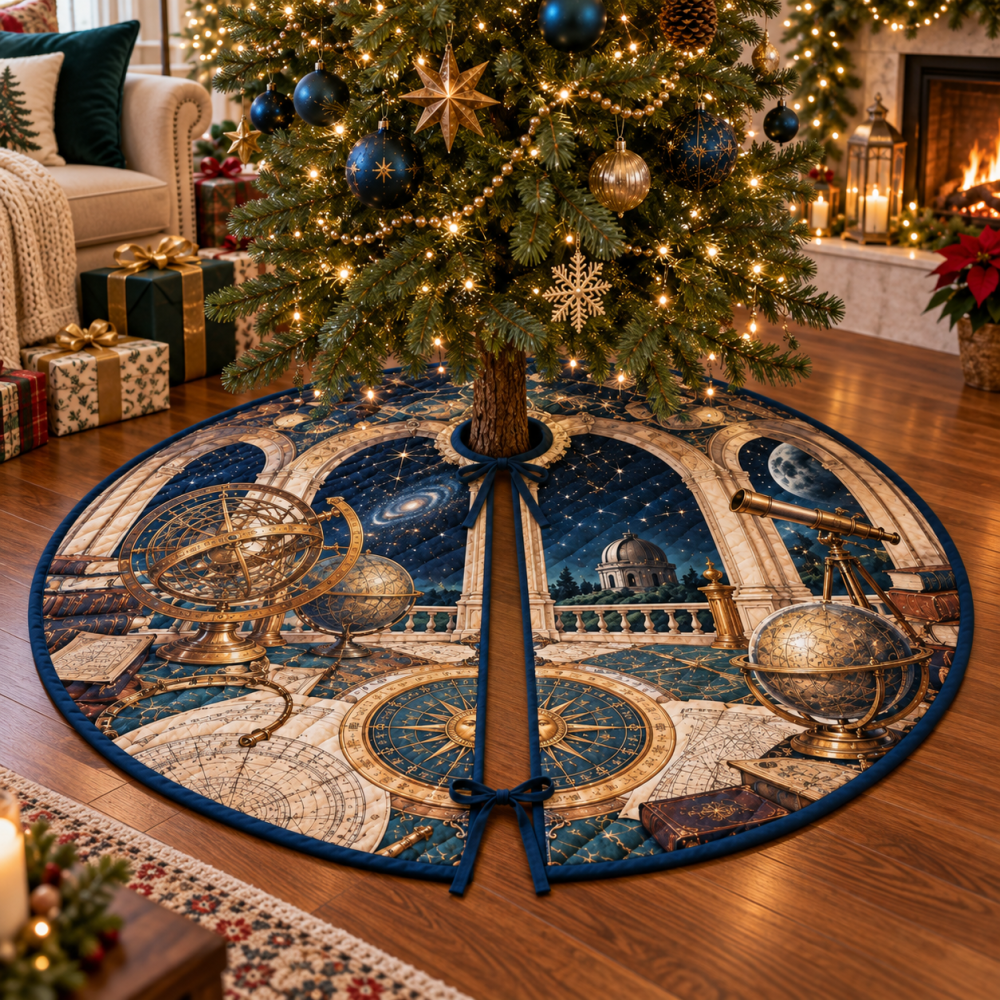 Celestial Astronomical Instruments Christmas Tree Skirt - Luxe Living Room Holiday Centerpiece With Observatory Style