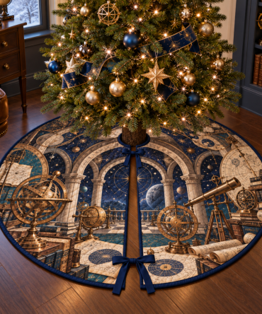 Vintage Astronomical Instruments Holiday Tree Skirt - Elegant Home Office Star Map Decor, Durable Festive Mat