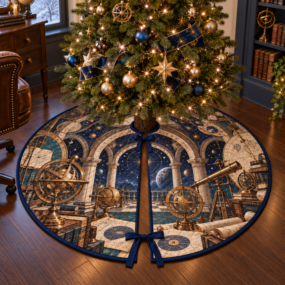 Vintage Astronomical Instruments Holiday Tree Skirt - Elegant Home Office Star Map Decor, Durable Festive Mat