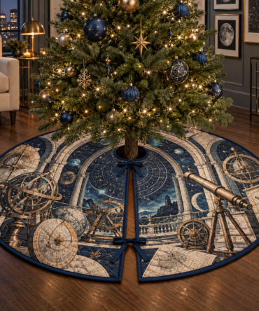Small-Space Astronomical Instruments Tree Skirt - Curated Vintage Star Chart Christmas Decor For Apartment Galleries & Urban Homes