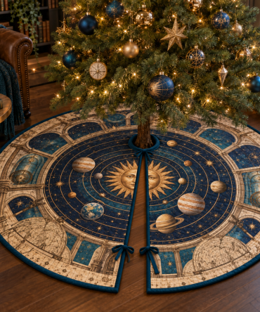 Reading Nook Solar System Tree Skirt - Cozy Retro Planet Map Christmas Decor To Complement Bookish & Quiet Spaces