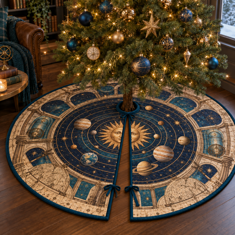 Reading Nook Solar System Tree Skirt - Cozy Retro Planet Map Christmas Decor To Complement Bookish & Quiet Spaces