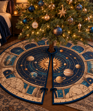 Bedroom Statement Retro Solar System Tree Skirt - Elegant Planet Map Holiday Accent For Bedrooms & Intimate Seasonal Displays
