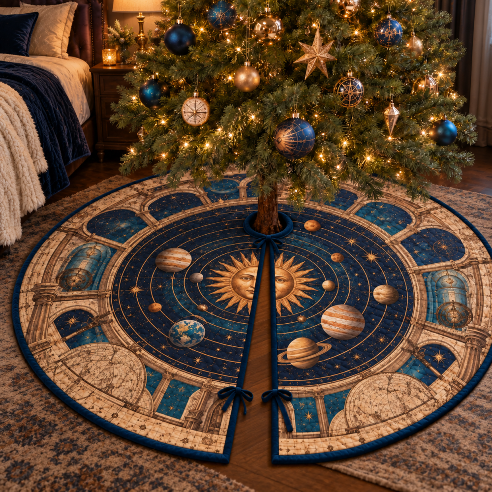 Bedroom Statement Retro Solar System Tree Skirt - Elegant Planet Map Holiday Accent For Bedrooms & Intimate Seasonal Displays