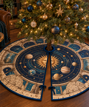 Living Room Statement Solar System Tree Skirt - Bold Retro Planet Map Christmas Decor To Anchor Your Main Holiday Display