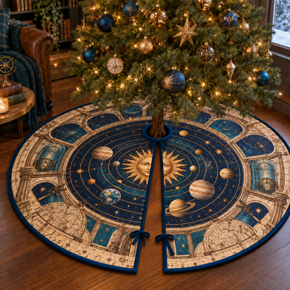 Living Room Statement Solar System Tree Skirt - Bold Retro Planet Map Christmas Decor To Anchor Your Main Holiday Display