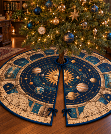 Home Office Solar System Tree Skirt - Professional Retro Planet Map Holiday Decor For Deskside Trees, Workspace & Study Areas