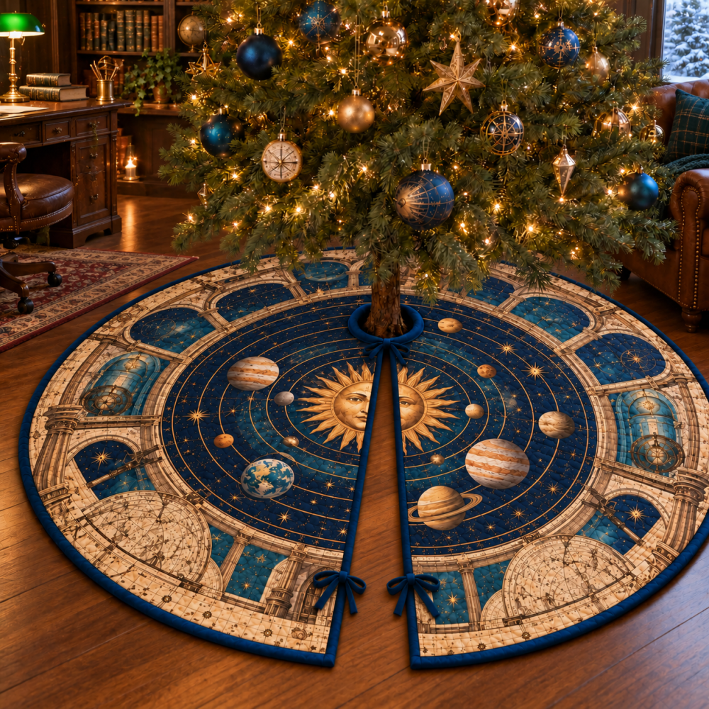 Home Office Solar System Tree Skirt - Professional Retro Planet Map Holiday Decor For Deskside Trees, Workspace & Study Areas