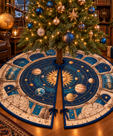 Collector'S Edition Solar System Christmas Tree Skirt - Museum-Style Planet Illustration Holiday Decor For Enthusiasts & Curio Displays