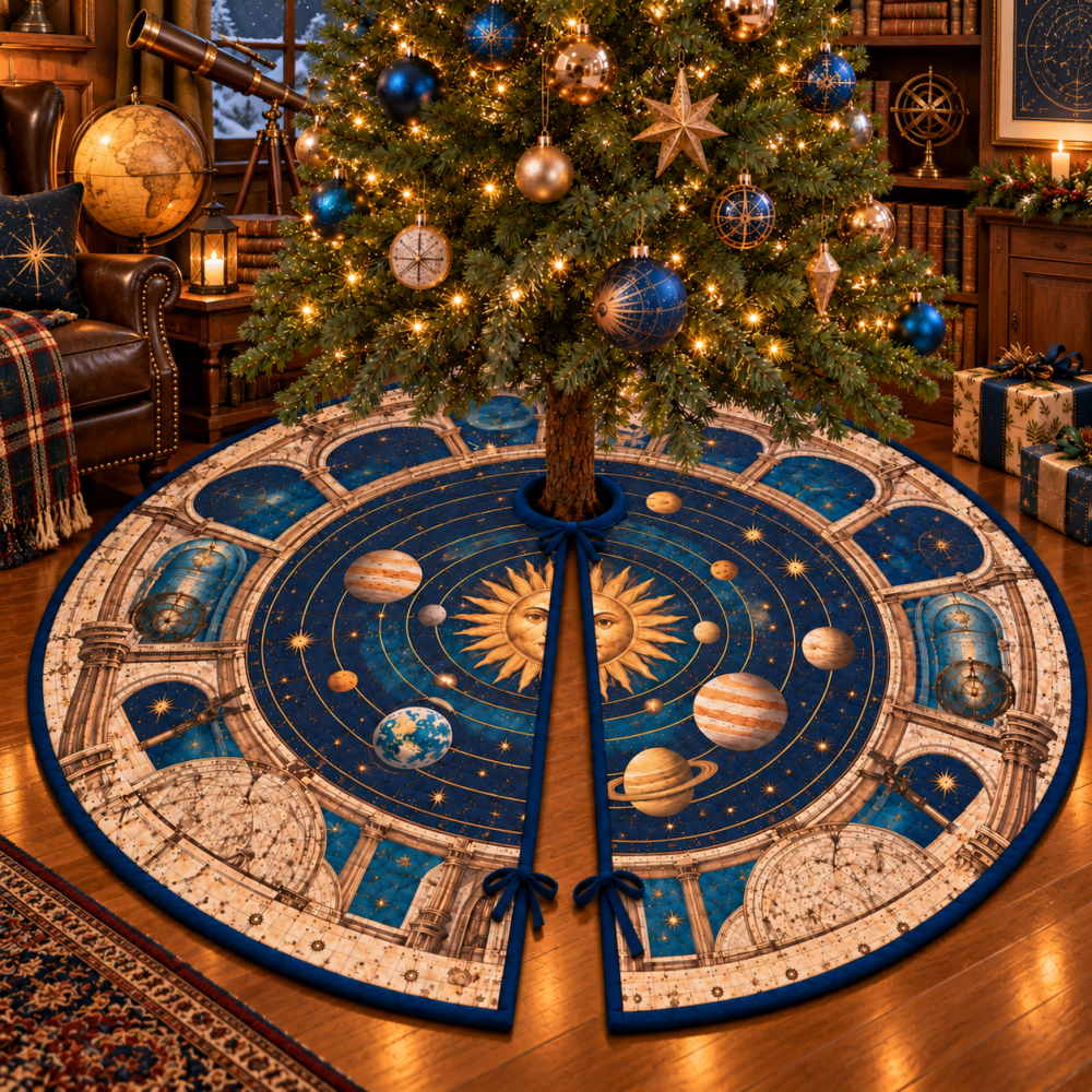 Collector'S Edition Solar System Christmas Tree Skirt - Museum-Style Planet Illustration Holiday Decor For Enthusiasts & Curio Displays