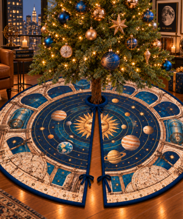 Limited Edition Retro Solar System Christmas Tree Skirt - Compact Planet Map Holiday Decor Designed For Apartment Galleries & Small Spaces