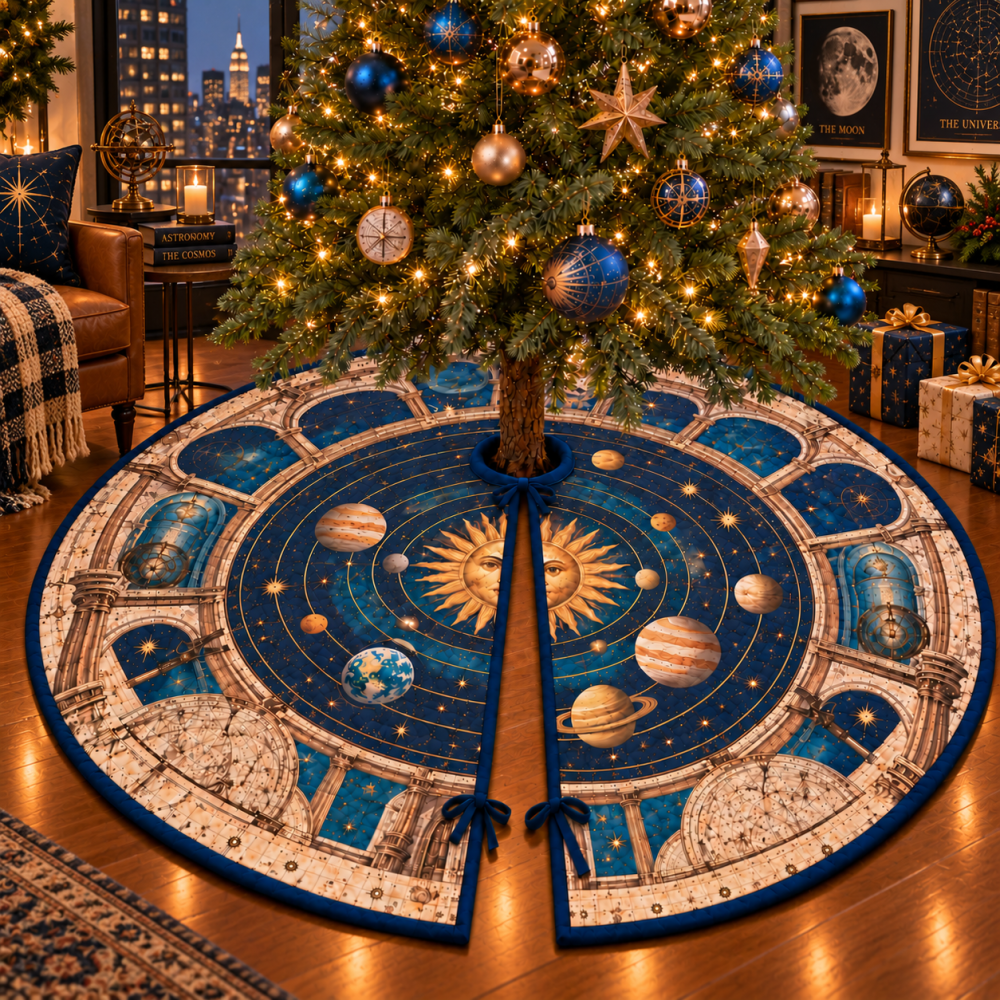 Limited Edition Retro Solar System Christmas Tree Skirt - Compact Planet Map Holiday Decor Designed For Apartment Galleries & Small Spaces