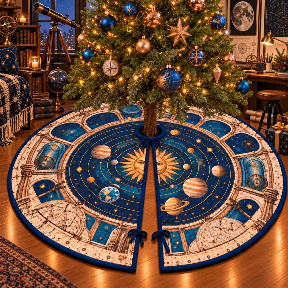 Handmade Vintage Solar System Holiday Tree Skirt - Retro Planet Map Christmas Decor For Hobby Studios & Space Lovers