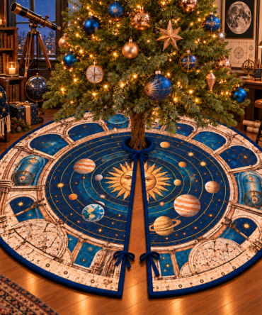 Vintage Solar System Host Gift Tree Skirt — Retro Astronomy Christmas Skirt, Unique Host/Hostess Space-Themed Holiday Décor & Gift-Ready Design