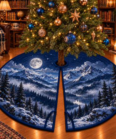 Moon Mountain Reading Nook Tree Skirt — Cozy Moonlit Mountain Holiday Skirt For Reading Corners, Charming Small-Space Seasonal Accent