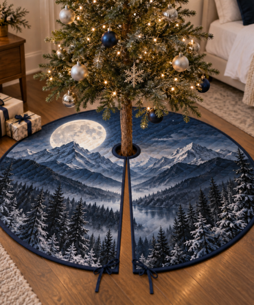 Moon Mountain Landscape Bedroom Tree Skirt — Tranquil Moonlit Mountain Holiday Skirt For Bedrooms, Cozy Seasonal Décor & Gift Idea