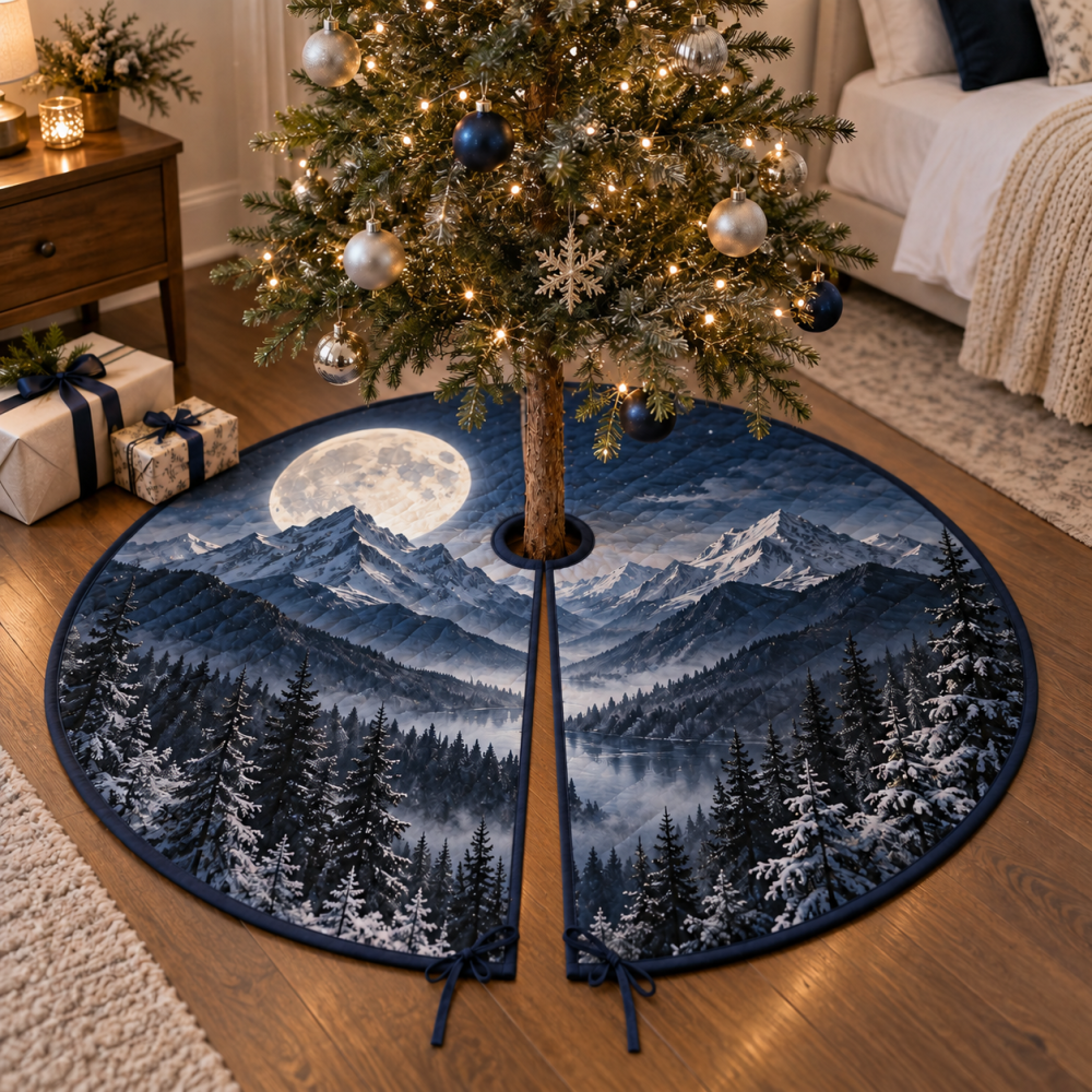 Moon Mountain Landscape Bedroom Tree Skirt — Tranquil Moonlit Mountain Holiday Skirt For Bedrooms, Cozy Seasonal Décor & Gift Idea