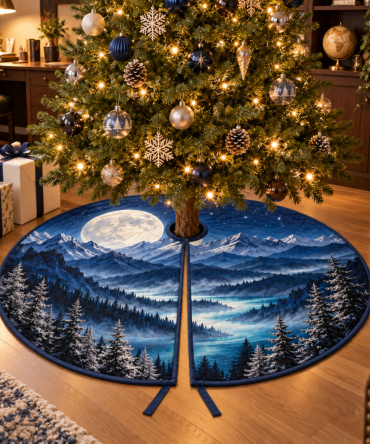 Moon Mountain Landscape Home Office Tree Skirt — Subtle Mountain Holiday Design For Workspaces, Small Space Seasonal Décor & Professional Gift