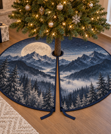 Moon Mountain Housewarming Tree Skirt — Scenic Landscape Holiday Skirt In Modern Mountain Style, Perfect New Home & Host Gift For Seasonal Décor