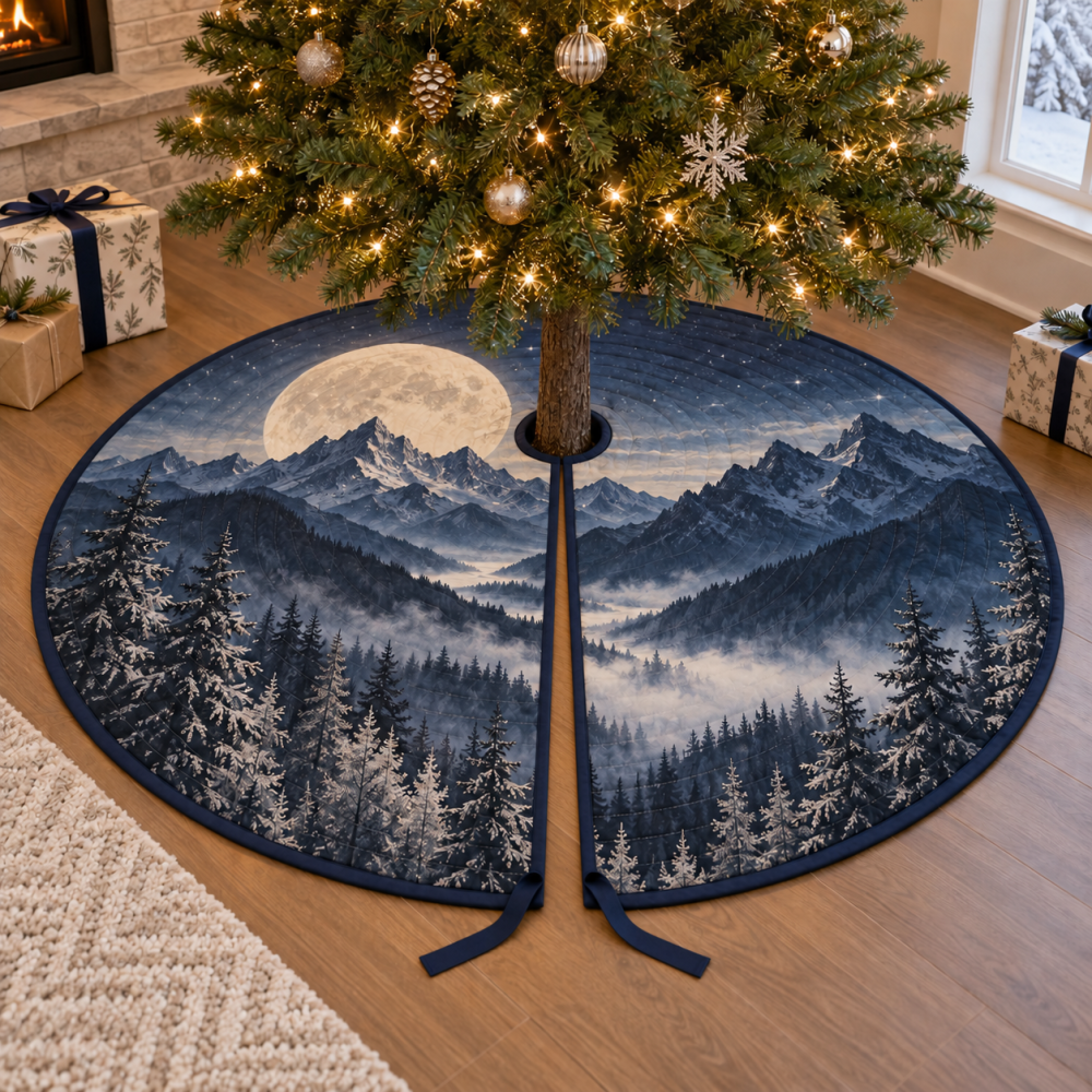 Moon Mountain Housewarming Tree Skirt — Scenic Landscape Holiday Skirt In Modern Mountain Style, Perfect New Home & Host Gift For Seasonal Décor