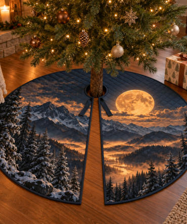 Moon Mountain Host Gift Christmas Tree Skirt — Scenic Lunar Mountain Holiday Base, Ready-To-Gift Premium Decor Piece