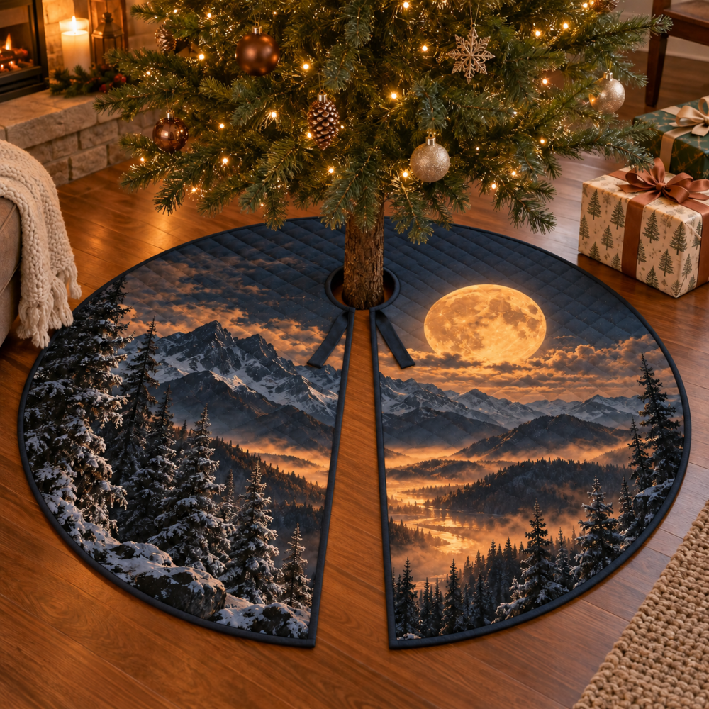 Moon Mountain Host Gift Christmas Tree Skirt — Scenic Lunar Mountain Holiday Base, Ready-To-Gift Premium Decor Piece